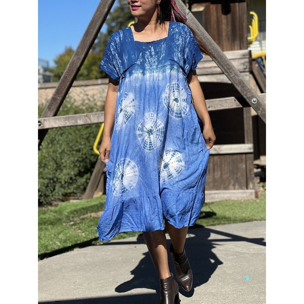 Womens Handmade Tie Dye Beach  Wear Boho Hippie Indigo Square Neck Fits SML